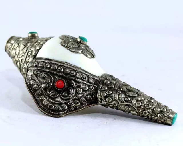 Tibetan Silver Blowing Shankh Conch Shell Trumpet Horn Ritual Turquoise Buddhist