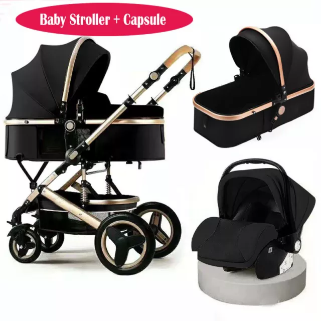 Newborn Pram Buggy Pushchair 3 in 1 Travel System Capsule Bassinet Reversible