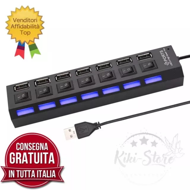 Hub USB 7 porte esterno 2.0 con alimentatore multiprese slot per PC notebook mac