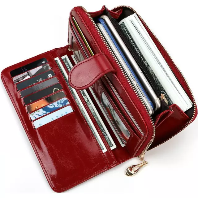 LARGE Womens Ladies Leather Look Wallet Zip Round Card Button Clutch Purse Bag