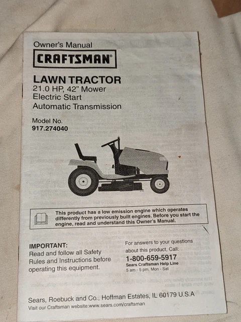 SEARS CRAFTSMAN Lawn Tractor - Model 917.274040 Owner’s Manual EUR 13 ...