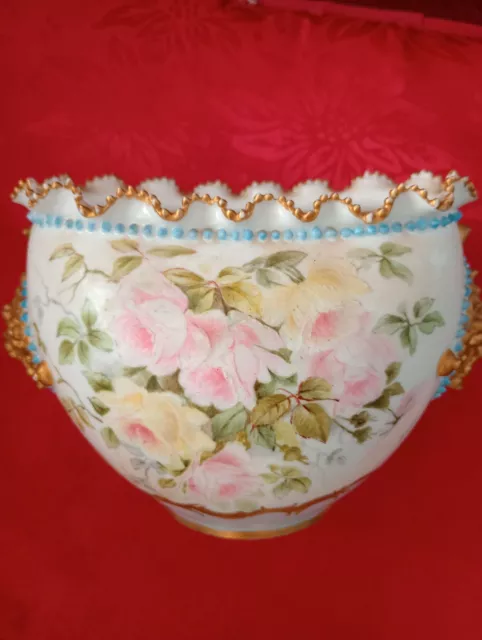 KTK Lotus Ware Columbia Bowl w/Pinched Neck, Pink Roses & Gold Filagree Handles