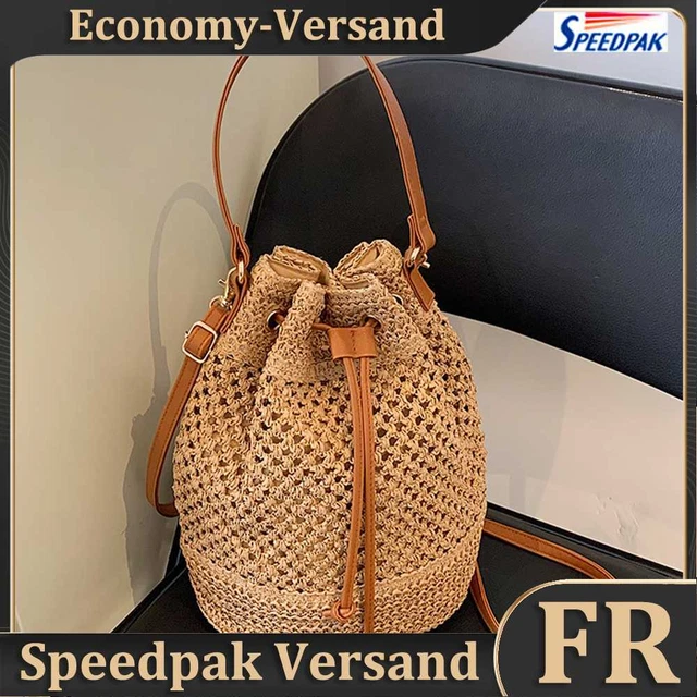 Summer Straw Bucket Bag Drawstring Fashion Women Shoulder Bag for Work (Brown) H