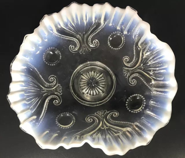 EAPG JEFFERSON GLASS Jewel & Fan Ruffled Bowl Dish 1900’s White Opale
