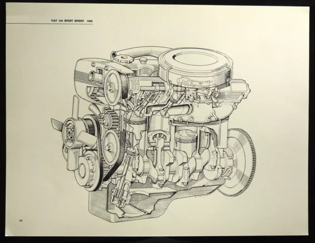 1966 FIAT 124 Sport Spider Car Engine G. CAVARA Cutaway Rendering Art Print