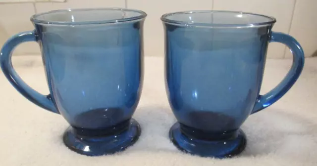 Set of 2- Large 16 oz Anchor Hocking Cobalt Blue Glass Footed Coffee Mugs USA