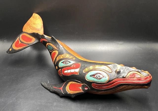 FOLK ART Hand Carved Painted Wooden 13" Humpback Whale Sculptural Tribal Totem