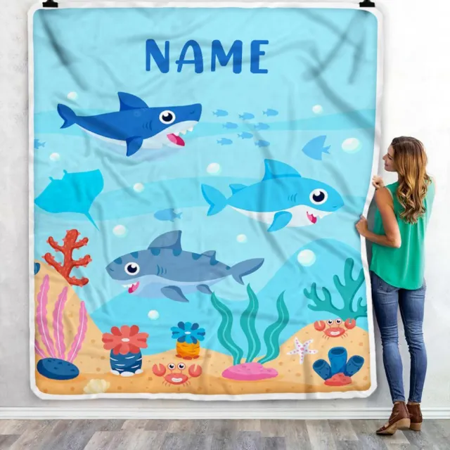 Manta de bebé personalizada con nombre personalizado Océano linda manta de cumpleaños tiburón 3