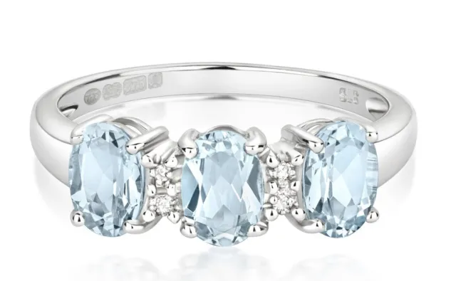 9ct White Gold Aquamarine and Diamond Ring Three Stone Trilogy Size J - T