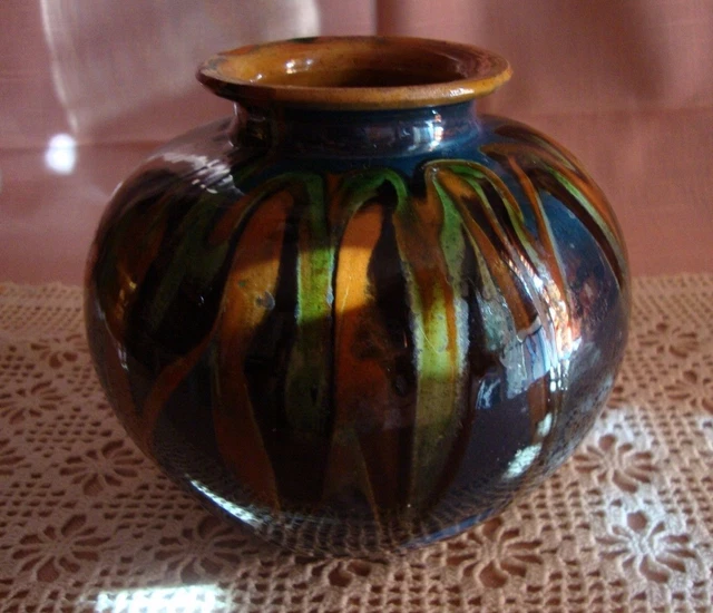 Vase Boule En Gres Vernisse Avec Coulures