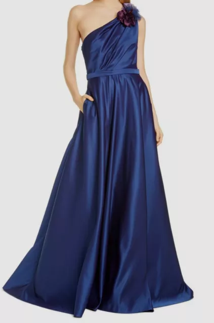 $995 Marchesa Notte Women's Blue One-Shoulder Embroidered Tulle Gown Dress 8