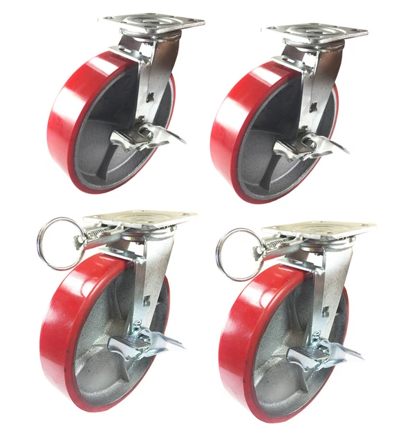 4 Casters Set 8" X 2" Swivel Lock Polyurethane on Cast Iron Wheels No Mark Red