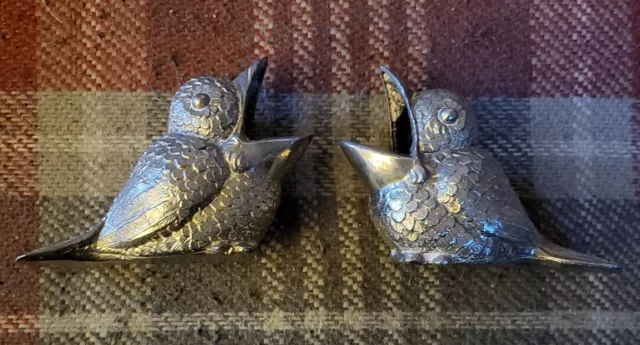 Pair Vintage Silver Plated Birds Ashtray Salt Toothpick Holders Wide Mouth