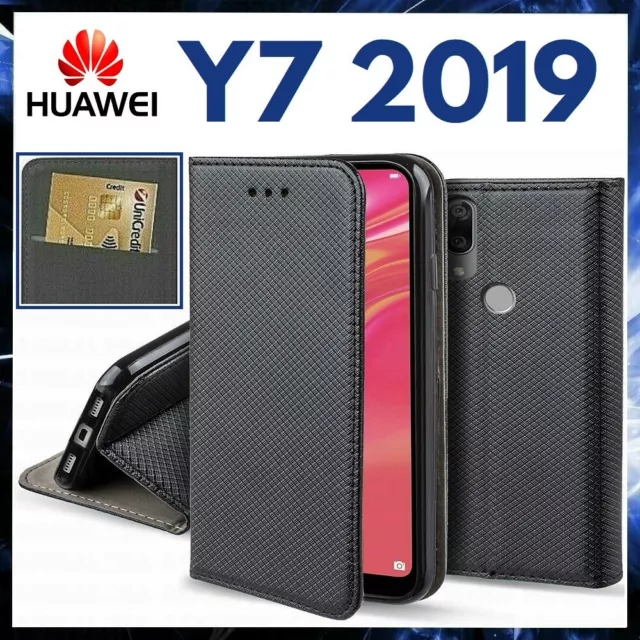 CUSTODIA A PORTAFOGLIO LIBRO per HUAWEI Y7 2019 Cover Pelle Nera Flip Magnetica