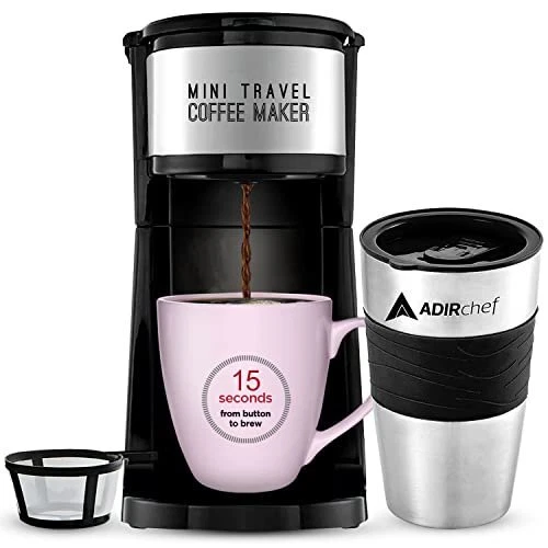 AdirChef Mini Travel Single Serve Coffee Maker & 15 oz. Travel Mug Coffee...