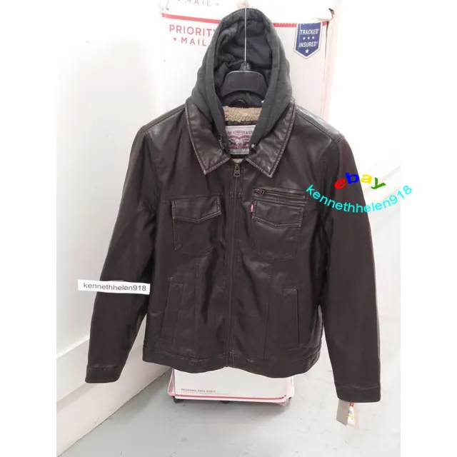 Levis Faux Leather Fleece Lining Hooded Trucker Jacket Coat Brown Mens Sz Medium