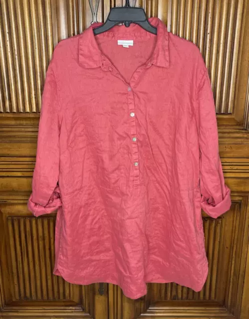 J Jill Womens Top 2X Pink Love Linen Long Relaxed Collared Bright Color Button