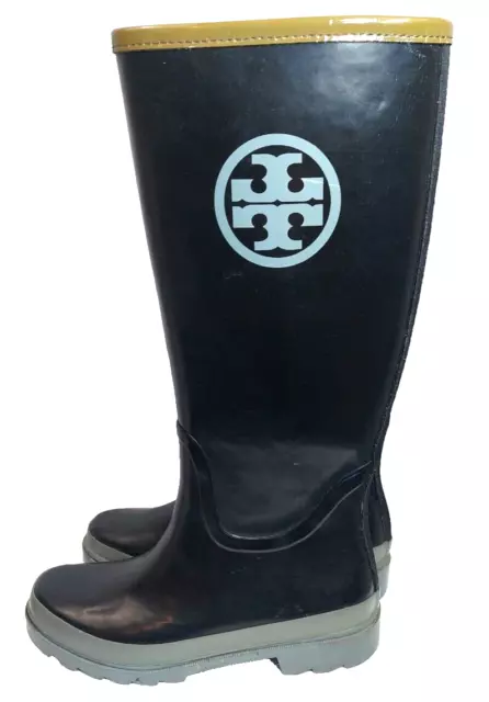 TORY BURCH Womens Size 6 M Black Logo Tall Calf Rain Boots Work Rubber