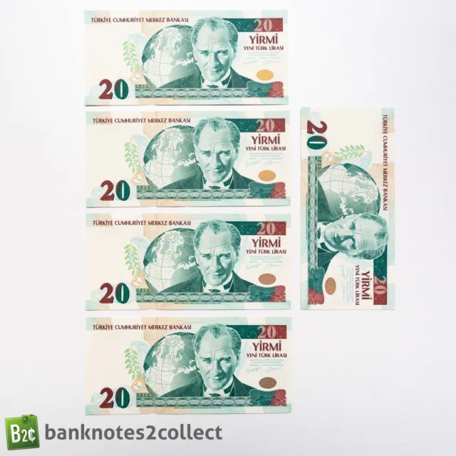 TURKEY: 5 x 20 Turkish Lira Banknotes with Consecutive Serial Numbers.
