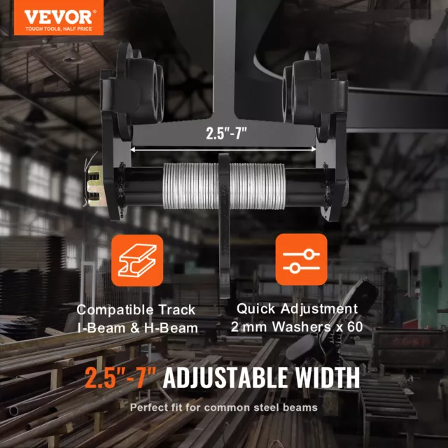 VEVOR Push Beam Trolley Manual Trolley 2200 lbs/1 Ton Load 2.5"-7" Adjustable 2
