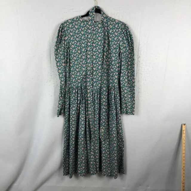 Vintage Handmade Dress Womens Medium Green Pink Floral Cottagecore Farmhouse