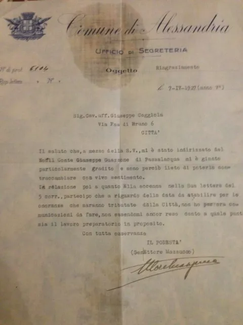 Lettera Autografa Podesta' Di Alessandria 1927 Su Carta Intestata Del Comune