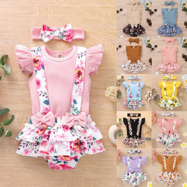 Newborn Baby Girls Floral Ribbed Ruffle Sleeve Romper Headband Set Infant Outfit