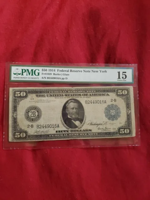 1914 $50 Federal Reserve Note NY FR 1029 : PMG 15 GLASS NOTE