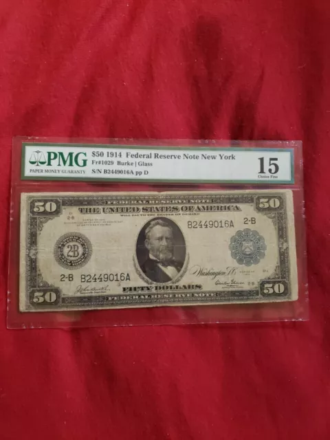 1914 $50 Federal Reserve Note NY FR 1029 : PMG 15 GLASS NOTE 1914 $50 Federal Reserve Note NY FR 1029 : PMG 15 GLASS NOTE