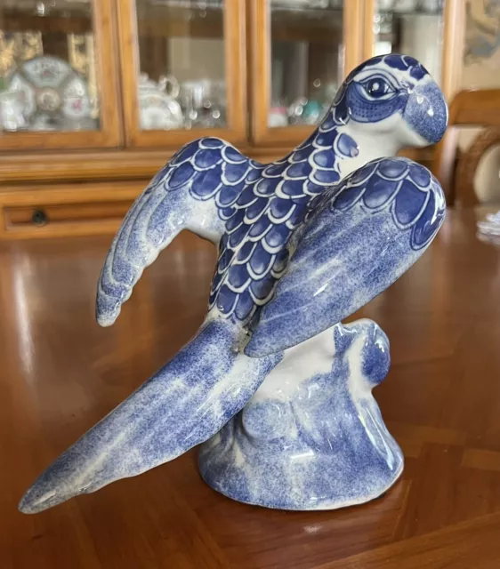 Vintage Handpainted Chinoiserie Ceramic Blue and White Parrot Bird Figurine 8”