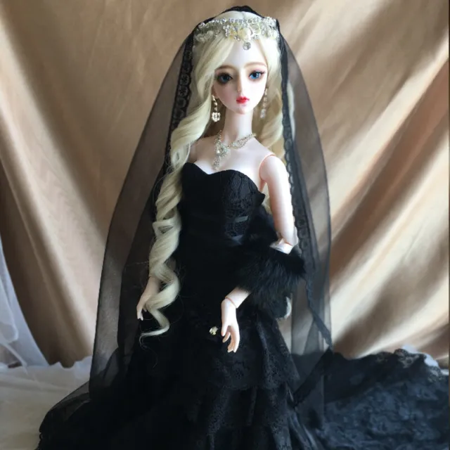 1/3 BJD Doll 62cm Girl Black Wedding Dress Outfits Changeable Eyes Hair Full Set