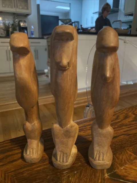 Vintage Hand Carved Wood “See, Hear, Speak No Evil” Monkey Baboon STATUE Figures