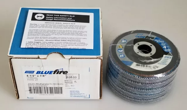 Pack of 5, Norton BlueFire 4-1/2" X 7/8" R822 Type 27 Grit 80 Zirconia Flap Disc