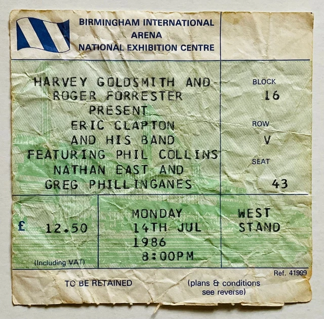 Eric Clapton Phil Collins Used Concert Ticket NEC Arena Birmingham 14th Jul 1986