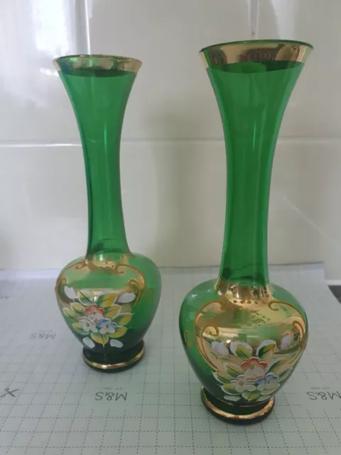 Pair of Vintage Bohemian Czech glass emerald green hand enamelled &gilt vases