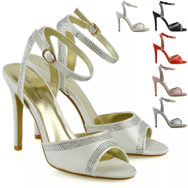 Womens High Heel Sandals Ladies Diamante Bridal Ankle Strap Stilettos Shoes Size