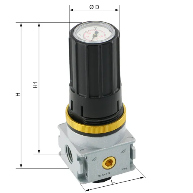 Régulateur de pression avec manomètre intégré, jusqu'à 2100 l/min air comprimé réducteur de pression 2