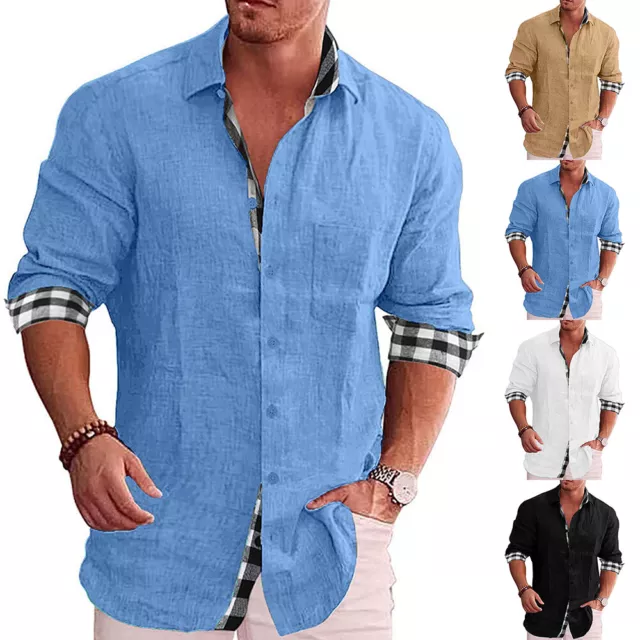 Mens Cotton Linen Long Sleeve Shirt Solid Baggy Button-down Tops T Shirt Blouse