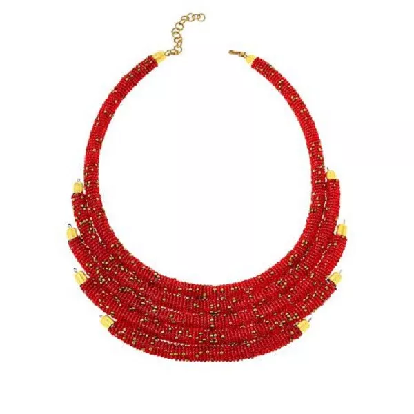HSN Kendi Aman Gold-tone Kanyoni Red Beaded 16" Hand Collar Necklace