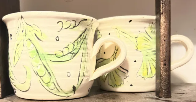 Hand Crafted Pea & Ginkgo Mug Set For 2 Unique Signed By Artist Flawless OOAK