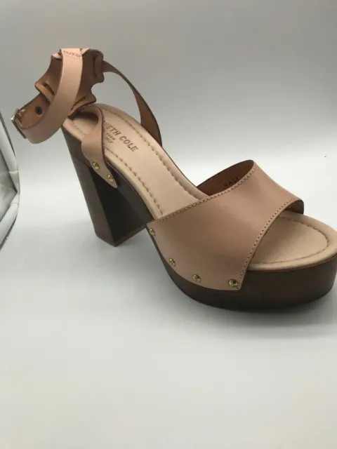 Kenneth Cole Womens Kali Platform Sandals Tan Leather Ankle Strap Stacked Heel 8