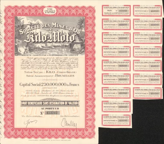 1928 Societe des Mines d'Or de Kilo-Moto bond Belgian Congo gold mine w/coupons