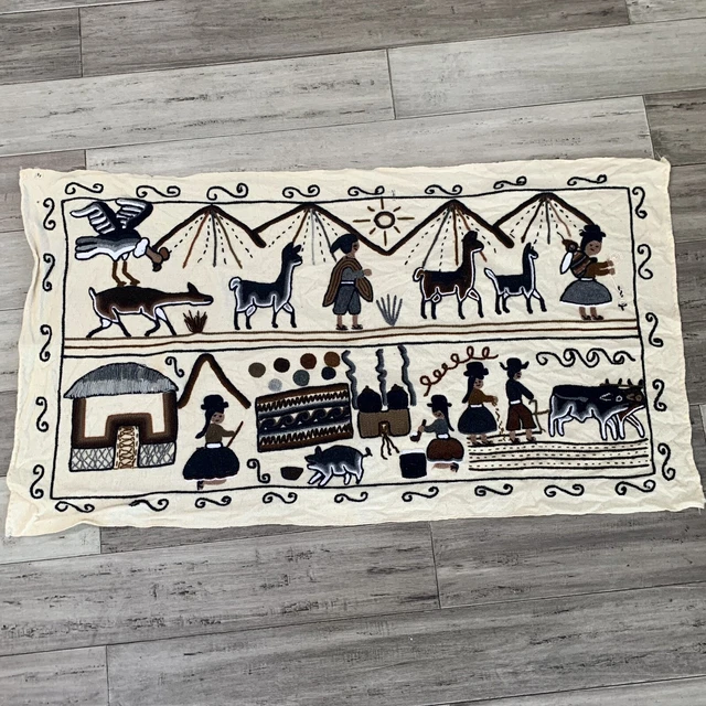 Peruvian Peru Wall Art Hand Woven Wool Hanging Tapestry Llamas People Folk Aztec