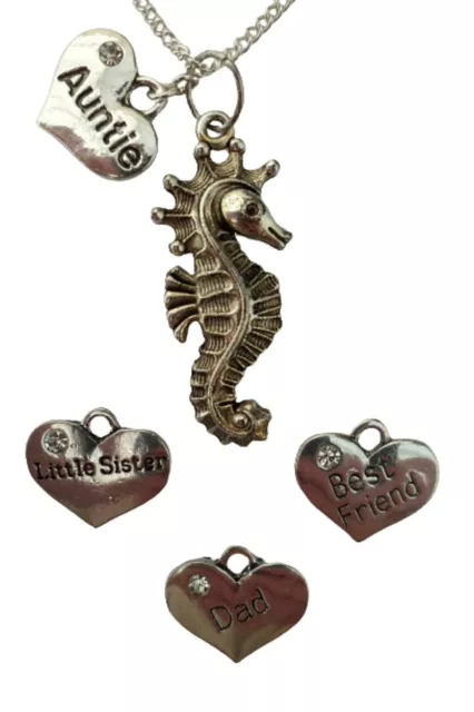 SILVER NECKLACE Seahorse Family Gem Charm Pendant Love Heart Gift + Bag