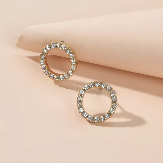 Elegant Sparkly Rhinestone Circle Stud Gold Plated Wedding Anniversary Earrings