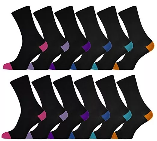 24 Pairs pack Ladies Socks Black Colour Toe and Heel Cotton MIXTURE Size 4-7 HJN