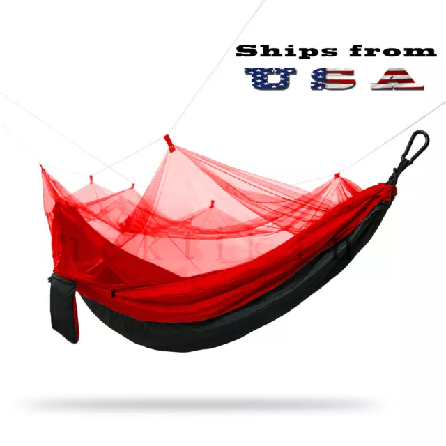 Double Outdoor Parachute Nylon Hammock with Mosquito Net Red - Large