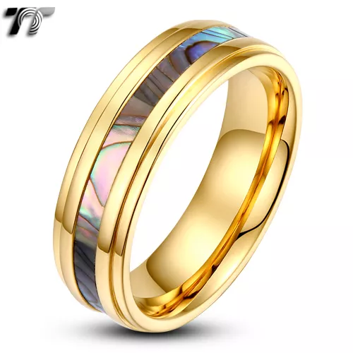 TT 14K Gold GP Abalone Stripe Inlaid Wedding Band Ring Sz 5-14 Mens & Womens