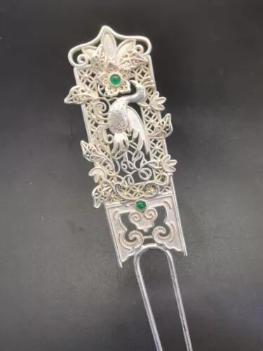 Exquisite Old Chinese tibet silver inlay jade handmade hair Hairpin 8026