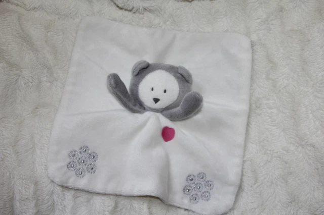 Doudou Obaibi Okaidi Panda Ours Plat Carre Blanc Gris Coeur Flocons